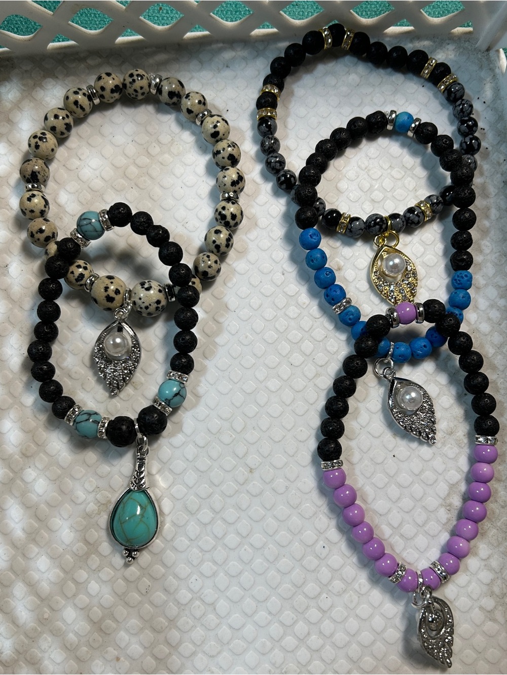 Beaded Charm Bracelet Set - Black, Turquoise, Blue, Purple, Cream